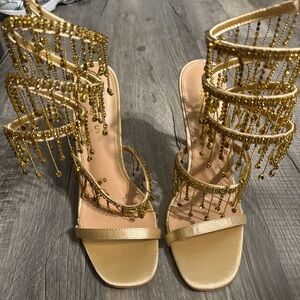 Gold Beaded Strappy Women's Heels